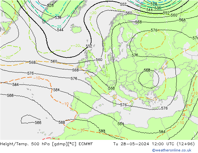 Height/Temp. 500 hPa ECMWF Di 28.05.2024 12 UTC