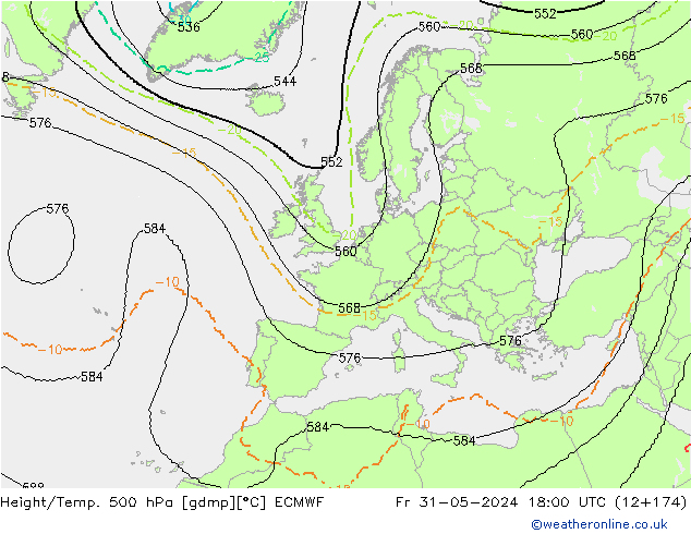 Hoogte/Temp. 500 hPa ECMWF vr 31.05.2024 18 UTC