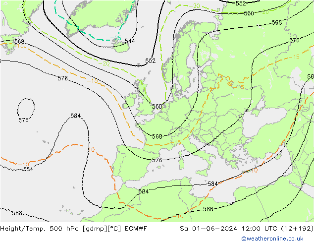 Hoogte/Temp. 500 hPa ECMWF za 01.06.2024 12 UTC