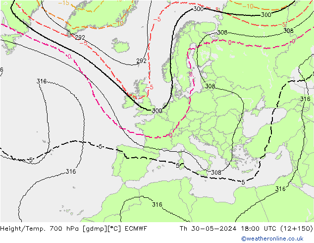 Height/Temp. 700 гПа ECMWF чт 30.05.2024 18 UTC