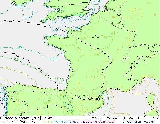 Isotachs (kph) ECMWF Mo 27.05.2024 12 UTC