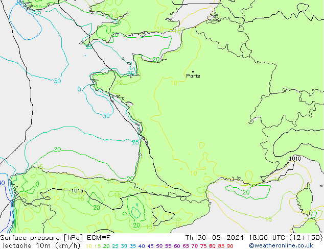 Isotachs (kph) ECMWF Th 30.05.2024 18 UTC