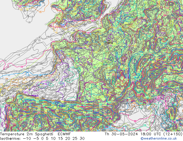 Temperature 2m Spaghetti ECMWF Th 30.05.2024 18 UTC