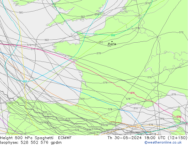 Height 500 hPa Spaghetti ECMWF czw. 30.05.2024 18 UTC