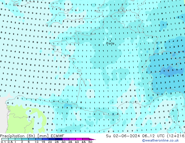 Precipitation (6h) ECMWF Su 02.06.2024 12 UTC