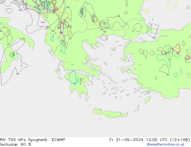 RH 700 hPa Spaghetti ECMWF Sex 31.05.2024 12 UTC