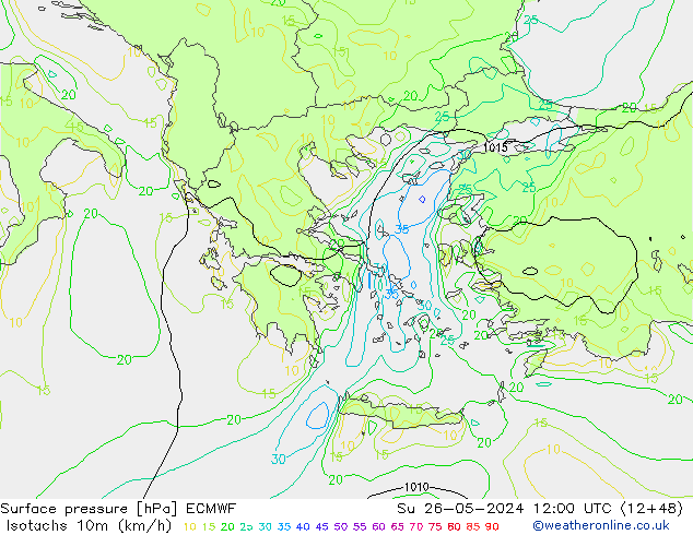 Isotachs (kph) ECMWF  26.05.2024 12 UTC