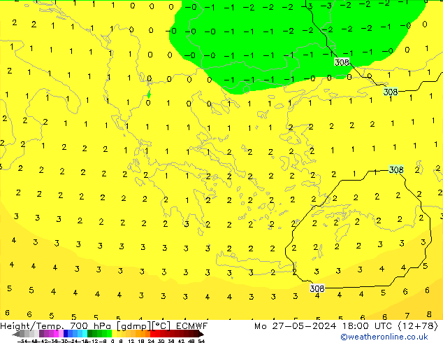 Height/Temp. 700 hPa ECMWF Po 27.05.2024 18 UTC