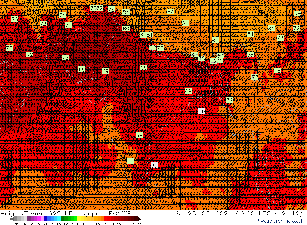 Height/Temp. 925 hPa ECMWF Sa 25.05.2024 00 UTC