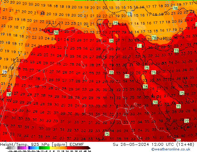 Height/Temp. 925 hPa ECMWF  26.05.2024 12 UTC