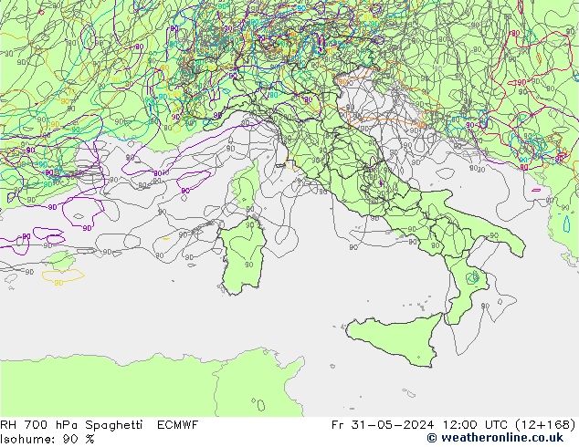 Humedad rel. 700hPa Spaghetti ECMWF vie 31.05.2024 12 UTC