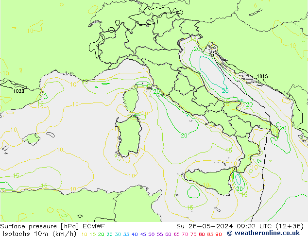 Eşrüzgar Hızları (km/sa) ECMWF Paz 26.05.2024 00 UTC