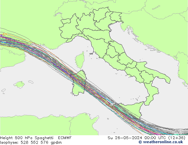 Height 500 hPa Spaghetti ECMWF nie. 26.05.2024 00 UTC