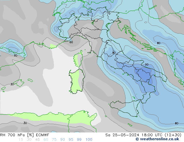 RH 700 hPa ECMWF sab 25.05.2024 18 UTC