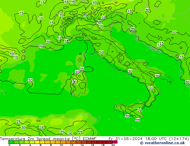 Temperature 2m Spread ECMWF Fr 31.05.2024 18 UTC