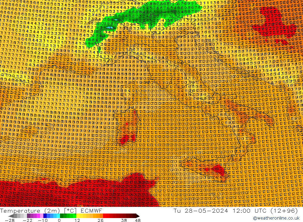 Temperature (2m) ECMWF Tu 28.05.2024 12 UTC