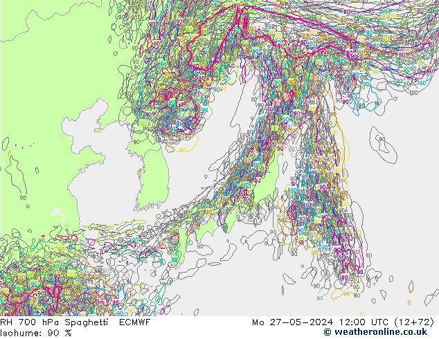 RH 700 hPa Spaghetti ECMWF Mo 27.05.2024 12 UTC