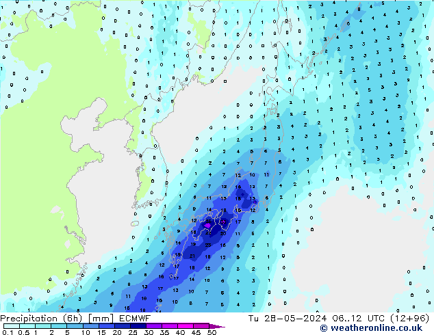 Precipitation (6h) ECMWF Út 28.05.2024 12 UTC
