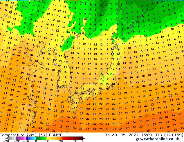 Temperature (2m) ECMWF Th 30.05.2024 18 UTC