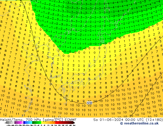 Hoogte/Temp. 700 hPa ECMWF za 01.06.2024 00 UTC