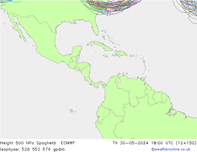 Height 500 гПа Spaghetti ECMWF чт 30.05.2024 18 UTC