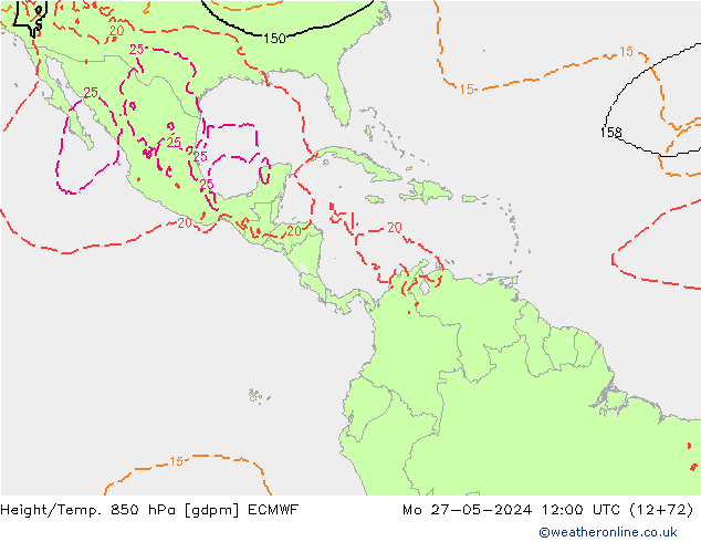 Geop./Temp. 850 hPa ECMWF lun 27.05.2024 12 UTC