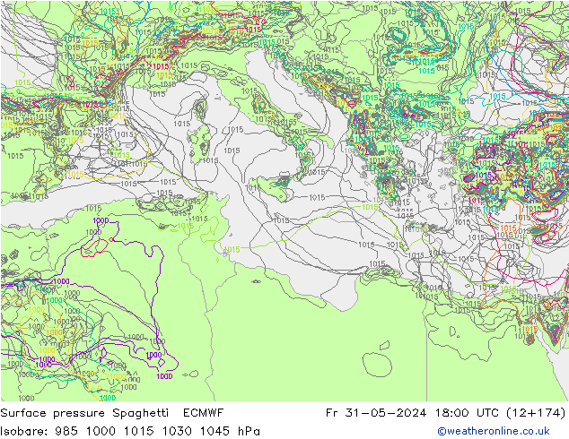 Pressione al suolo Spaghetti ECMWF ven 31.05.2024 18 UTC