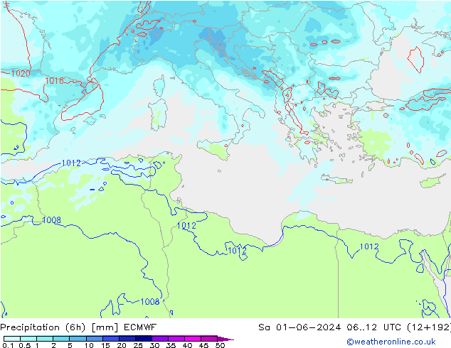 Precipitação (6h) ECMWF Sáb 01.06.2024 12 UTC