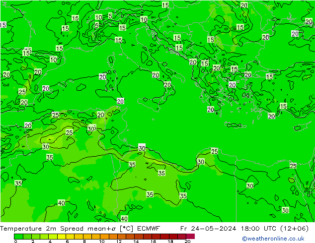 Temperatura 2m Spread ECMWF ven 24.05.2024 18 UTC