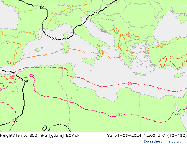 Height/Temp. 850 hPa ECMWF Sa 01.06.2024 12 UTC