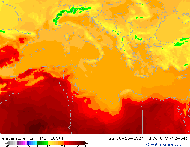 Temperatuurkaart (2m) ECMWF zo 26.05.2024 18 UTC