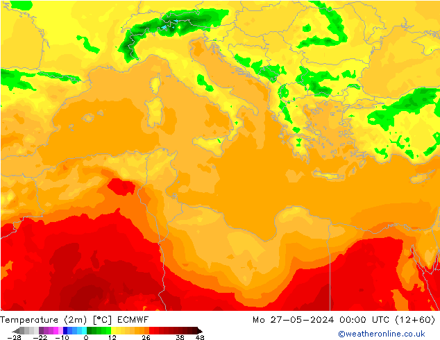 mapa temperatury (2m) ECMWF pon. 27.05.2024 00 UTC