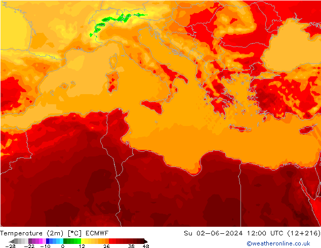 Temperatura (2m) ECMWF dom 02.06.2024 12 UTC