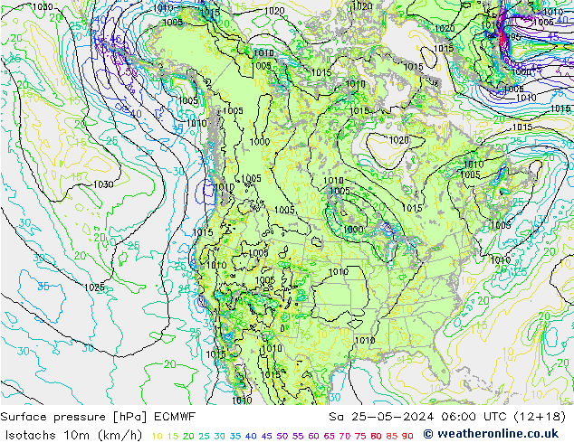 Isotachs (kph) ECMWF Sa 25.05.2024 06 UTC