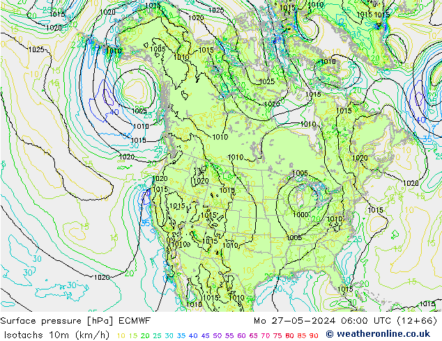 Izotacha (km/godz) ECMWF pon. 27.05.2024 06 UTC