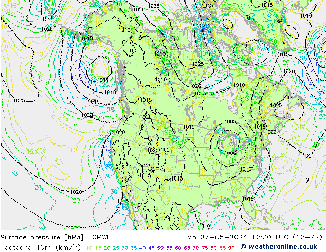 Izotacha (km/godz) ECMWF pon. 27.05.2024 12 UTC