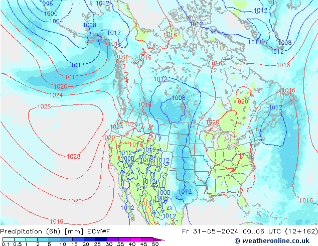 Totale neerslag (6h) ECMWF vr 31.05.2024 06 UTC