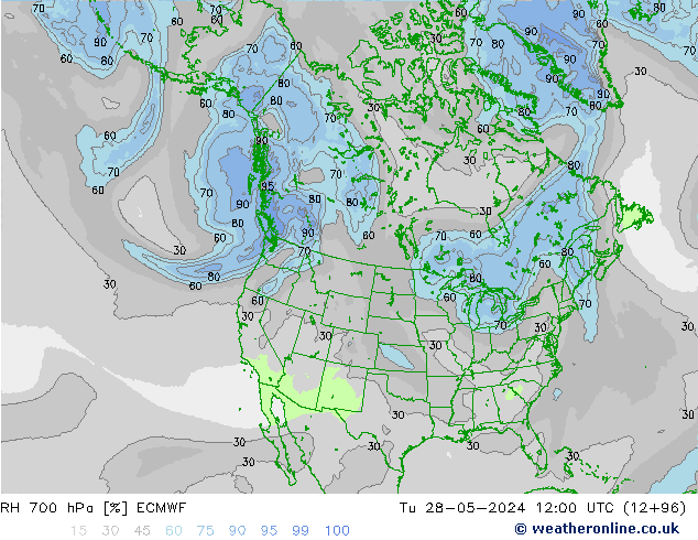 Humidité rel. 700 hPa ECMWF mar 28.05.2024 12 UTC