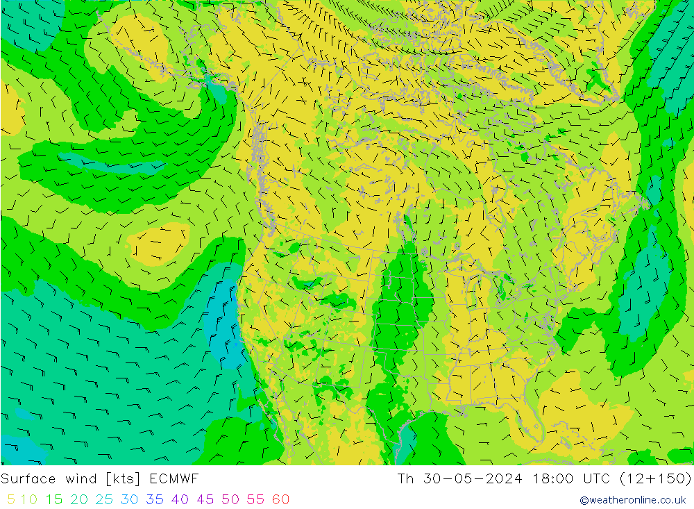 Surface wind ECMWF Čt 30.05.2024 18 UTC