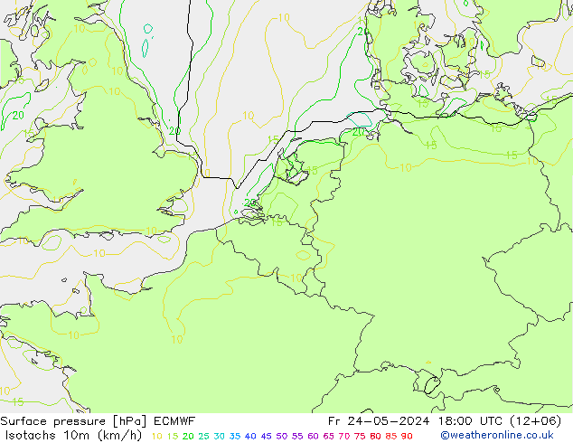 Isotachen (km/h) ECMWF Fr 24.05.2024 18 UTC