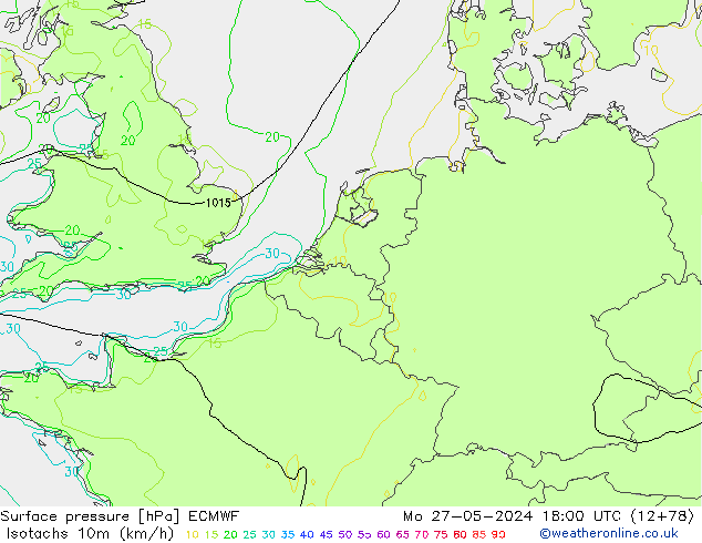 Isotachs (kph) ECMWF lun 27.05.2024 18 UTC