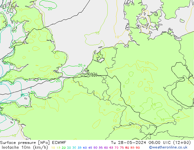 Isotachs (kph) ECMWF Tu 28.05.2024 06 UTC