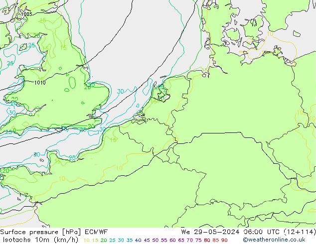 Isotachs (kph) ECMWF mer 29.05.2024 06 UTC