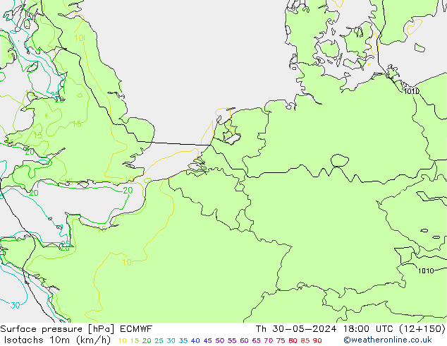 Isotachs (kph) ECMWF Th 30.05.2024 18 UTC