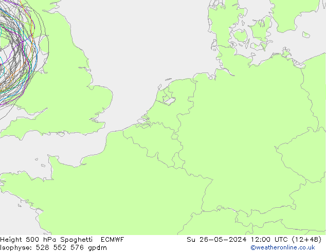 Height 500 hPa Spaghetti ECMWF dom 26.05.2024 12 UTC