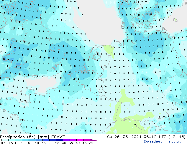 降水量 (6h) ECMWF 星期日 26.05.2024 12 UTC