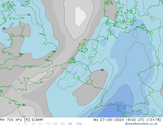 Humedad rel. 700hPa ECMWF lun 27.05.2024 18 UTC