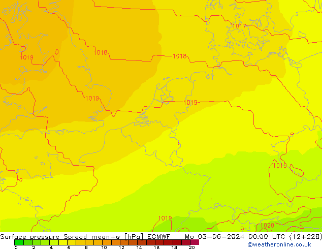 Luchtdruk op zeeniveau Spread ECMWF ma 03.06.2024 00 UTC