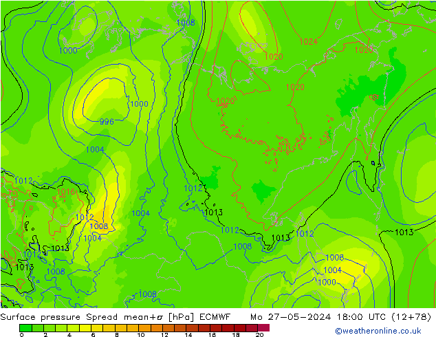 Pressione al suolo Spread ECMWF lun 27.05.2024 18 UTC