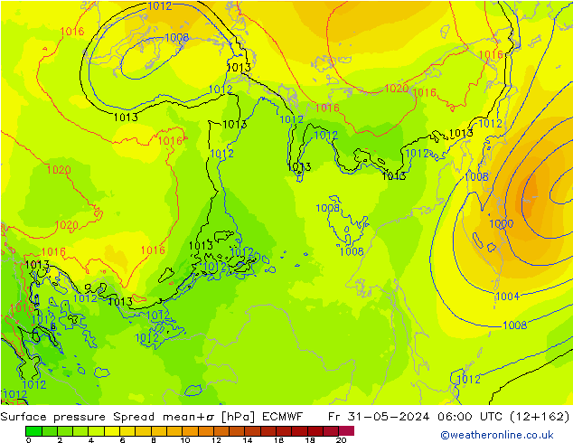 Pressione al suolo Spread ECMWF ven 31.05.2024 06 UTC